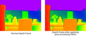 Comparison between a normal depth frame (left) and a depth frame with all the post processing filters applied