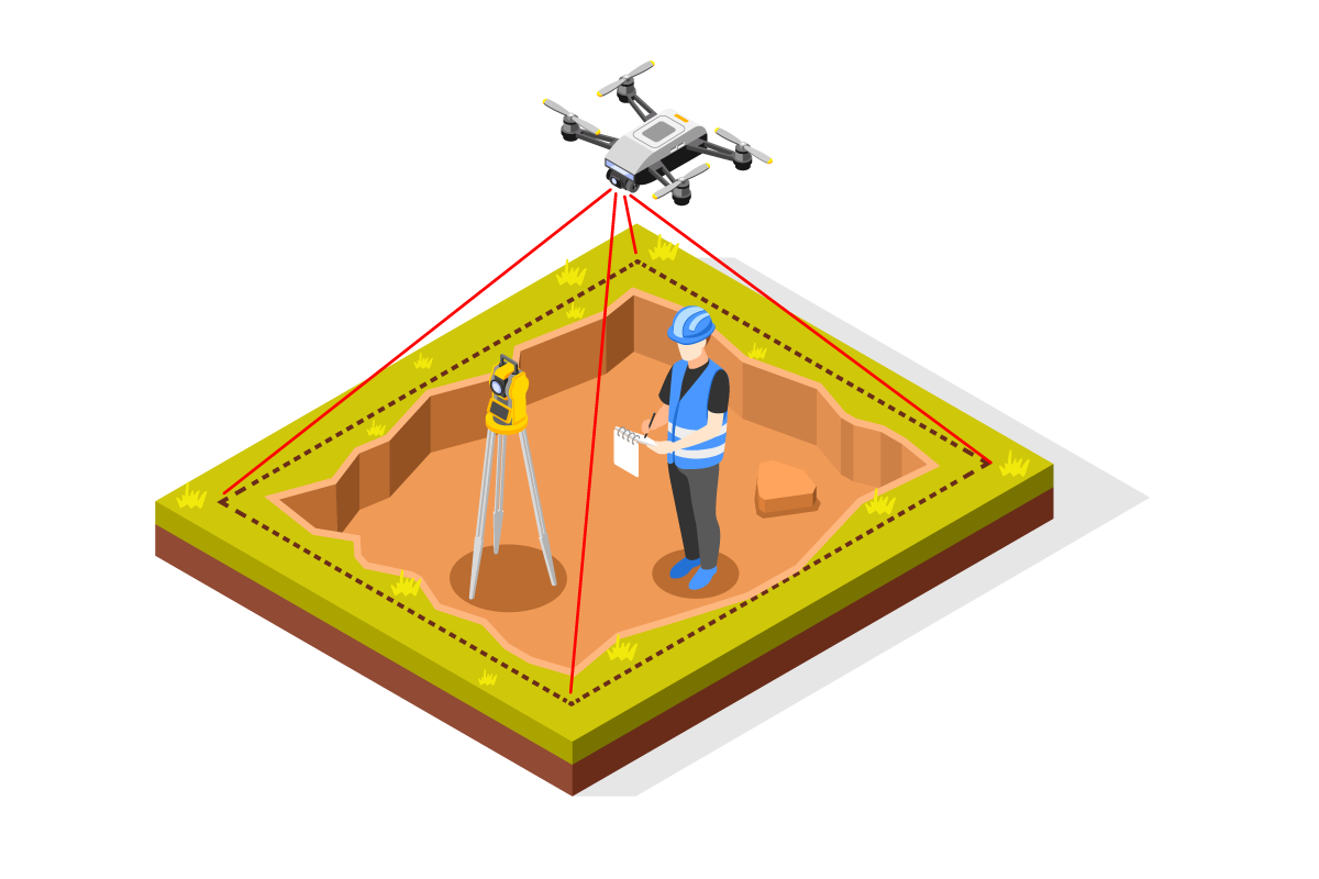 Mapping survey drone over terrain